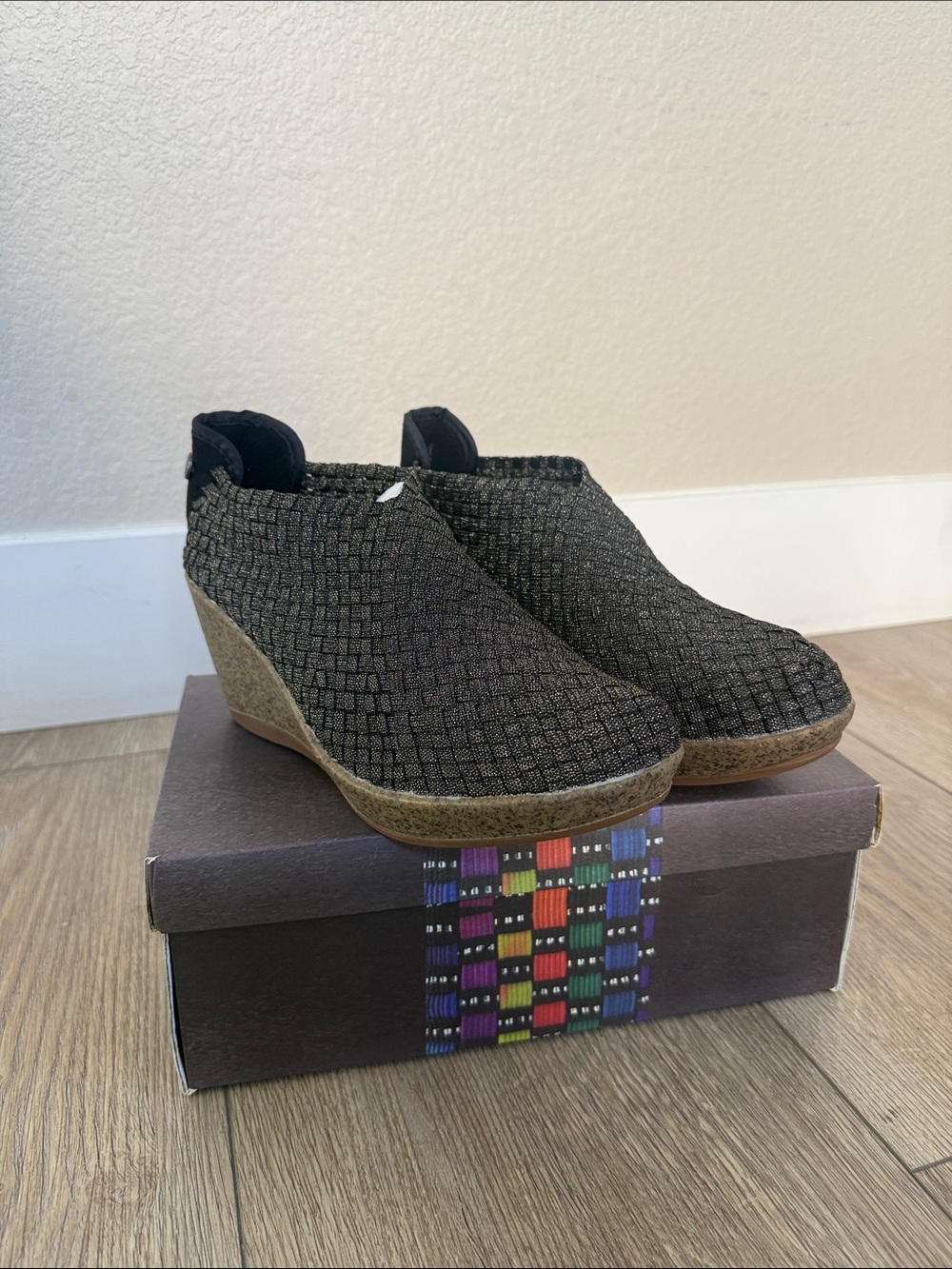 Black Woven Wedge Slip-On Shoes